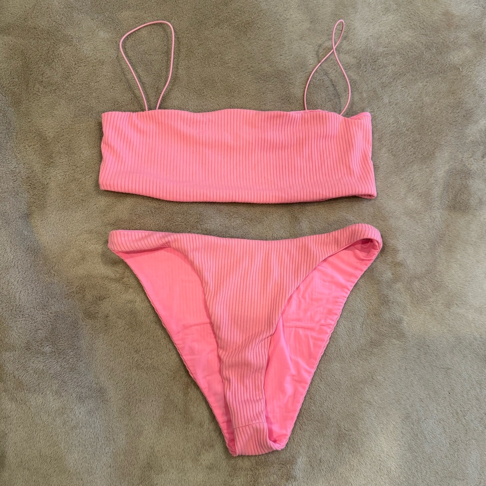 superdown Hot Pink Ribbed Bandeau Bikini Set